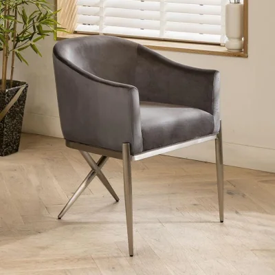 Quatropi Designer Grey Velvet Kitchen Dining Room Chair with Arms Metal Legs