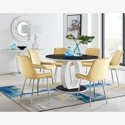 The Range Giovani Round Black Table with 6 Pesaro Silver Leg Chairs - Mustard