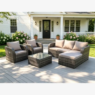 The Range PE Wicker Rattan 6 Seater Sofa Reclining Chair Set - Dark Grey Mixed