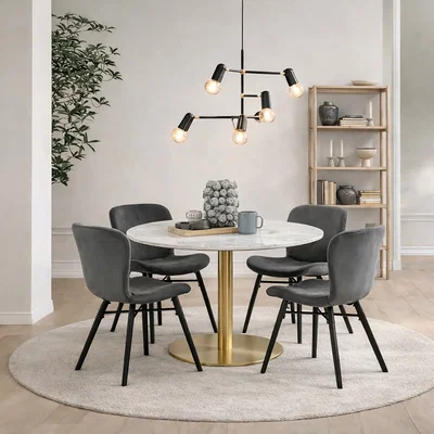 The Range Corby Round Table White Marble Gold Base + 4 Batilda Dark Grey Chairs - White Marble & Gold & Dark Grey