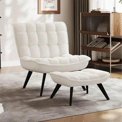 The Range Velvet White Accent Chair with Footstool - White