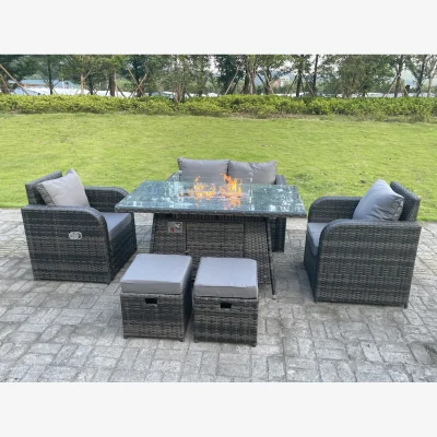 The Range Rattan 6 Seater Gas Fire Pit Sofa Set Reclining Chairs Stools