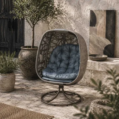 The Range Nise Rattan and Metal Sand Brown Swivel Egg Chair with Cushions