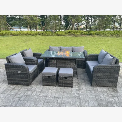 The Range Rattan 9 Seater Gas Fire Pit Sofa Set Reclining Chairs Stools