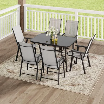 The Range Tempered Glass Patio Table with 6 Foldable Chairs - Black