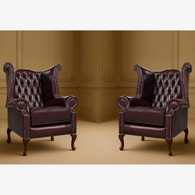 The Range Pair of Chesterfield Scrolled Wingback Leather Arm Chairs - Red