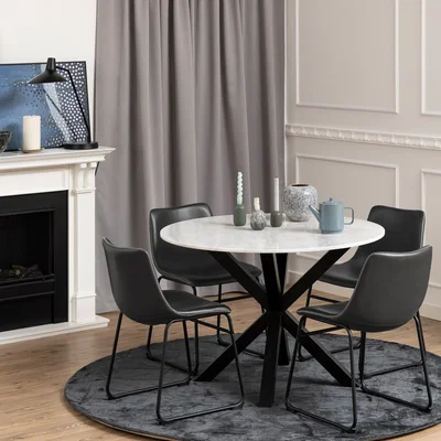 The Range Heaven Round Table White Marble 110 + 4 Oregon Black Chairs Cream Stitching - White Marble & Black & Cream
