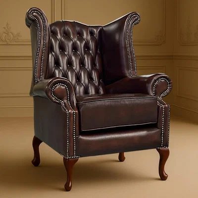 The Range Scrolled Wingback Chesterfield Leather Arm Chair Manufactured in the UK - Dark Brown