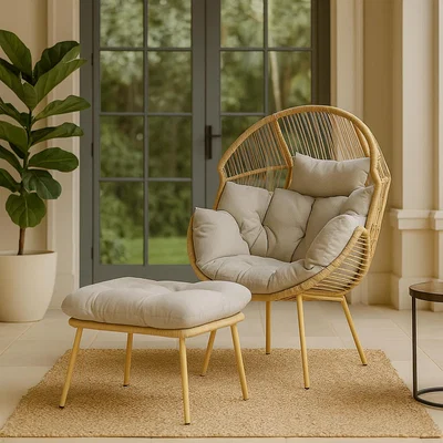 The Range Natural Wicker Egg Chair with Stool - Natural