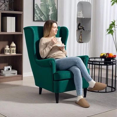 The Range HOMCOM Modern Wingback Accent Chair with Solid Wood Legs  - Dark Green