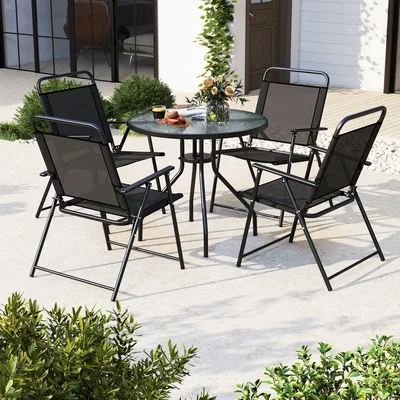 The Range 4 Seater Table and Folding Chair Set with Umbrella - Black