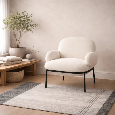 The Range Tritta Curved Sherpa Boucle Chair, Ivory with Black Metal Legs - Ivory