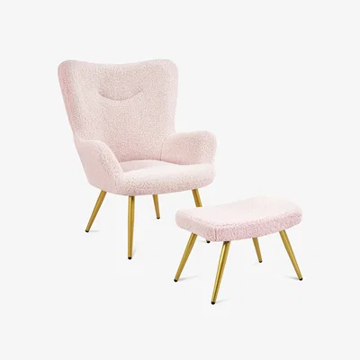The Range Boucle Accent Chair and Ottoman Set with Golden Legs - Pink