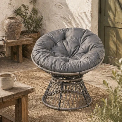 The Range Rarare Grey Rattan Swivel Papasan Moon Chair with Oversized Cushion