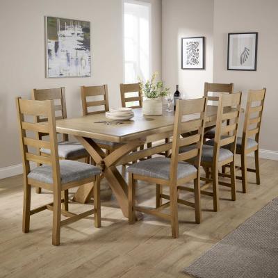 The Range Bentley Oak Extending 2.3m Table and 8 Solid Oak Upholstered Seat Chairs - Grey Check