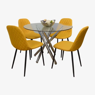 The Range Round Glass with 4 Mustard Leather Chairs - musturd