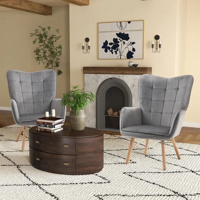 The Range HOMCOM Modern Accent Chair Velvet Touch Tufted Wingback Armchair Set of 2 - Grey