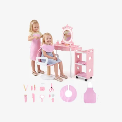 The Range Wooden Pretend Hair Salon Station with Swivel Barber Chair and Rolling Cart - Pink