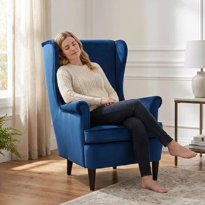The Range HOMCOM Modern Wingback Accent Chair with Solid Wood Legs  - Blue
