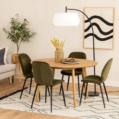 The Range Debrecen Solid Oak 1200 mm Round Table with 4 Olive Green Corduroy Chairs - Natural and Green