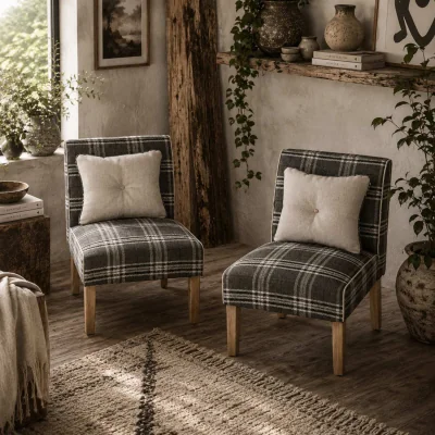The Range Tala Fabric Grey Accent Dining Chairs Set of 2 - Patterned Upholstery, Wood Legs