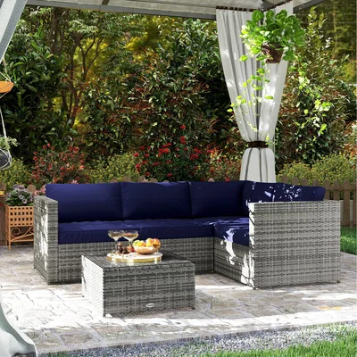 The Range Outsunny Rattan 4 Seater Patio Corner Sofa Chair Set - Blue
