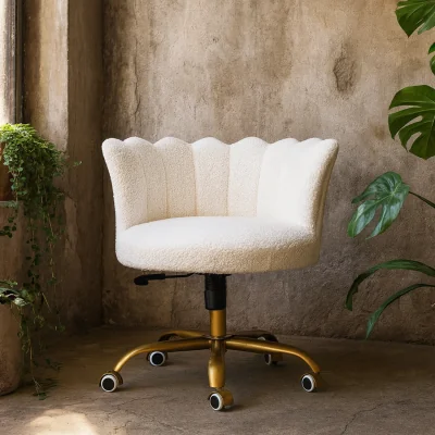 The Range Sarlat Scalloped White Bouclé Swivel Chair with Brass Base - White