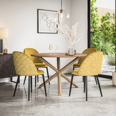 The Range Malvern Oak Effect Top W Oak Leg Round Table & 4 Raye Velvet Chairs - Mustard