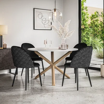The Range Malvern Marble Effect Top W Oak Leg Round Table & 4 Raye Velvet Chairs - Black