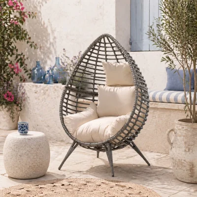 The Range Elpale Grey Rattan Teardrop Egg Chair with Cream Cushion