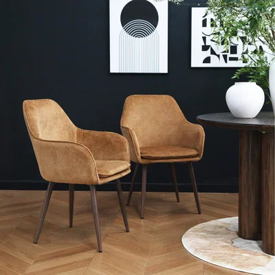 The Range Muse Pair of Woven Fabric Chairs  - Walnut Effect Leg, Orange Seat