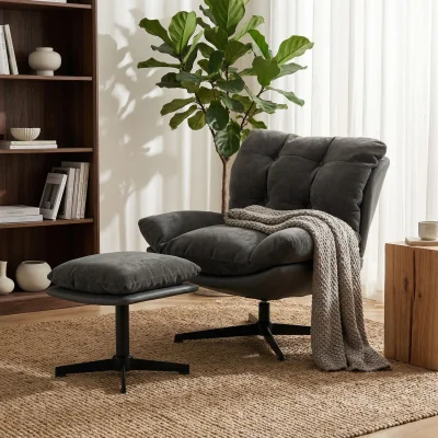 The Range HOMCOM Accent Chair with Footstool, Modern Swivel Lounge Chair, Dark Grey - Dark Grey