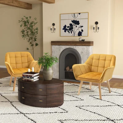 The Range HOMCOM Modern Armchair Chair Accent Chair with Arms Wood Legs Set of 2 - Yellow