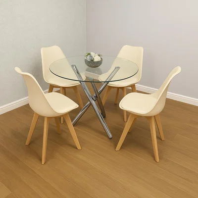 The Range Round Clear GlassTable with 4 cream leather chair - cream