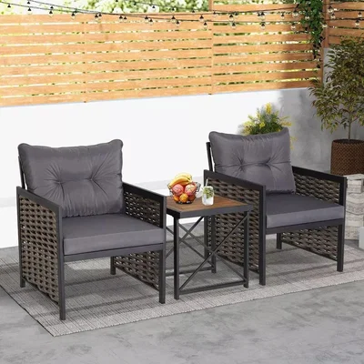 The Range 3 Piece Rattan Conversation Set Patio Wicker Chairs and Coffee Table Set - Grey