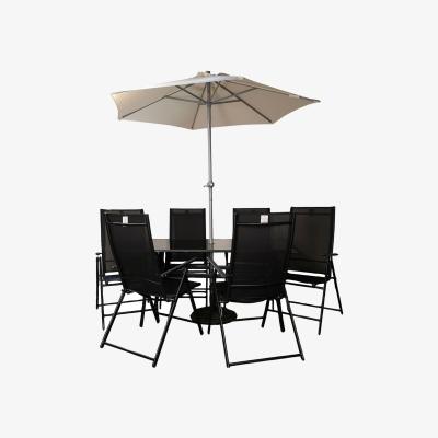 The Range Rectangular Glass Top Patio Table Chairs With Parasol and Base - Black