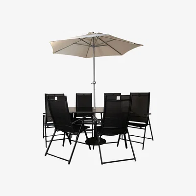 The Range Rectangular Glass Top Patio Table Chairs With Parasol and Base - Black