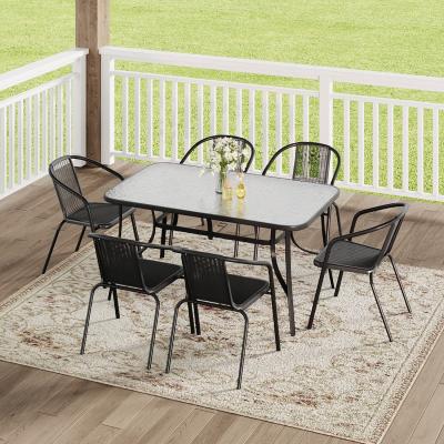 The Range 7-Piece Patio Sets with 1 Table and 6 Rattan Chairs - Black / 1 x 150CM Glass Table and 6 x Rattan Chairs