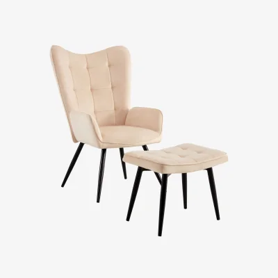 The Range Modern Velvet Accent Chair Armchair and Footstool - Beige
