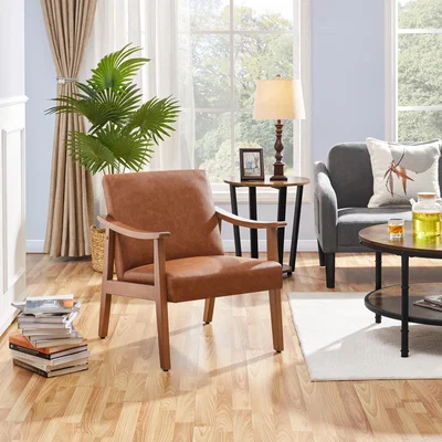The Range Faux Leather Accent Chair with Wooden Armrests - Light Brown