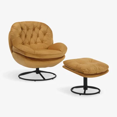 The Range Velvet Gold Azura Swivel Accent Chair with Footstool - Gold