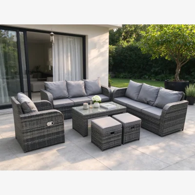 The Range 9-Seater Patio Rattan Furniture Set with Reclining Chair, 2 Footstools and Tempered Glass Coffee Table