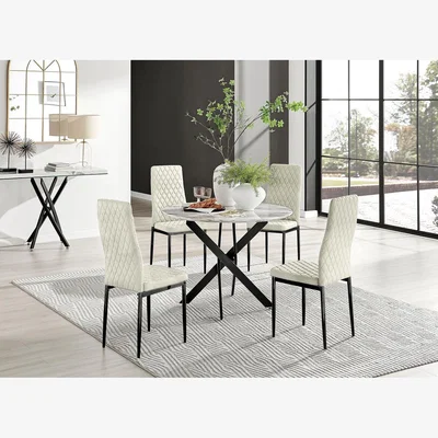 The Range Novara White Marble Effect Black Leg Table 4 Velvet Milan Black Leg Chairs - Cream