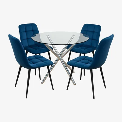 The Range Round Glass Cylinder Legged Table and Velvet Chairs Set - Chrome