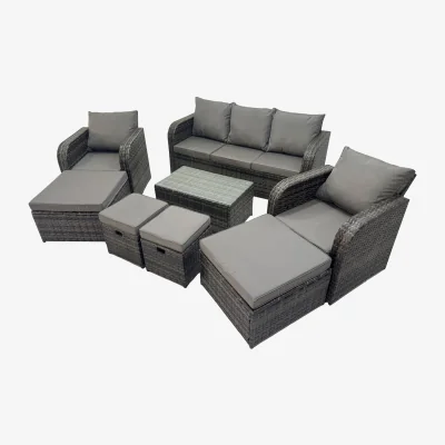 The Range Fimous 9-Seater Rattan Set with Reclining Chairs and Glass Table Grey - Dark Grey