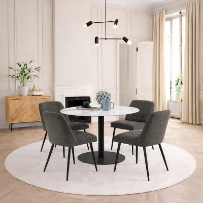The Range Corby Round Table White Marble Black Base + 4 Brooke Taupe Chairs - White Marble & Black & Taupe