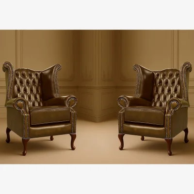 The Range Pair of Chesterfield Scrolled Wingback Leather Arm Chairs - Brown