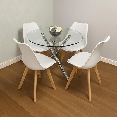 The Range Round Glass 4 White Leather Chairs - White