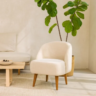 The Range Waipahu Cream Bouclé Tub Chair with Hand-Carved Mango Wood Legs - Brown