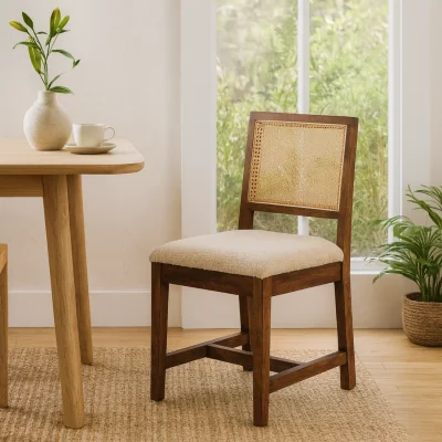 The Range Holualoa Cream Boucle Chair - Mango Wood Frame and Rattan Back - Brown